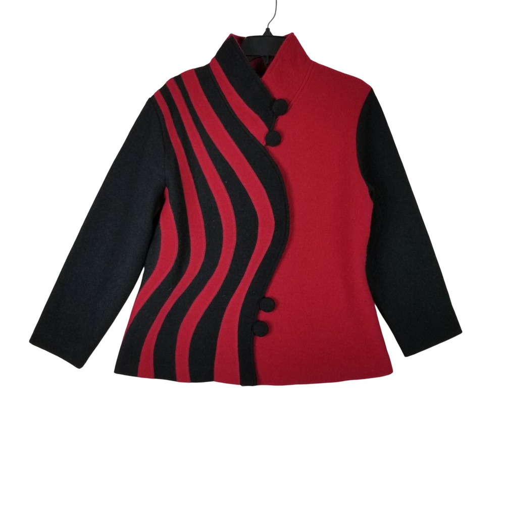 Carson Wool Jacket Women Large Red Black Asymmetrical Wavy Stripe Art to Wear